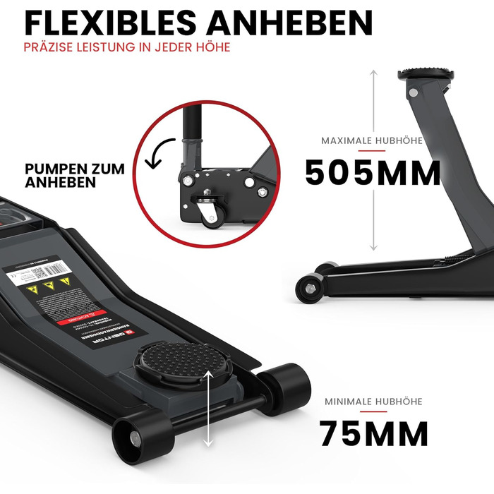 Гідравлічний домкрат 3T низькопрофільний 75-505мм з гумовими накладками для легкових авто та SUV – професійний, посилений, з роликами 360° (антрацит)