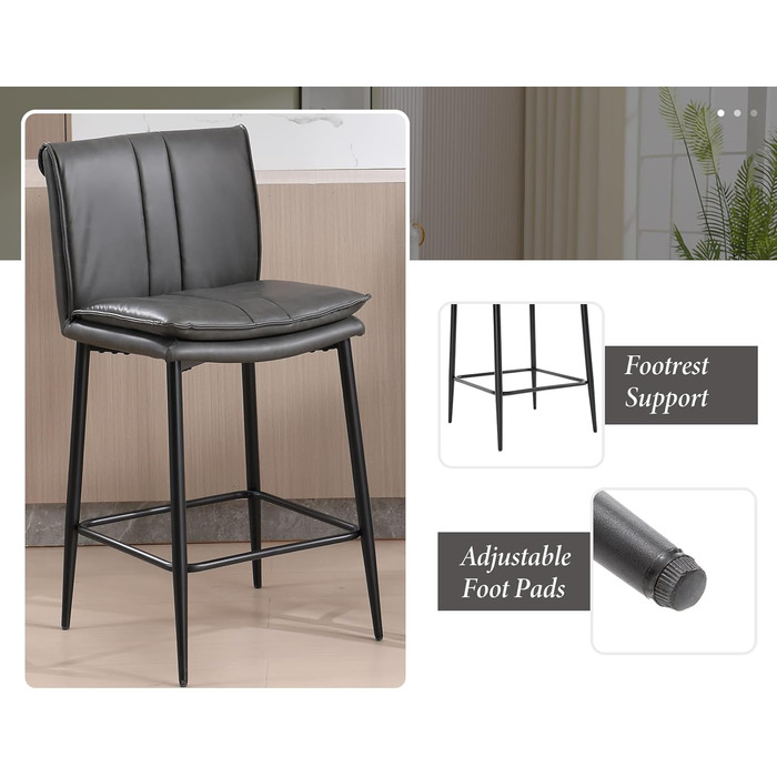 Набір з 2 барних стільців Chairus з PU шкірою, без підлокітників, для кухні, вітальні, острівця (зелений, сірий)