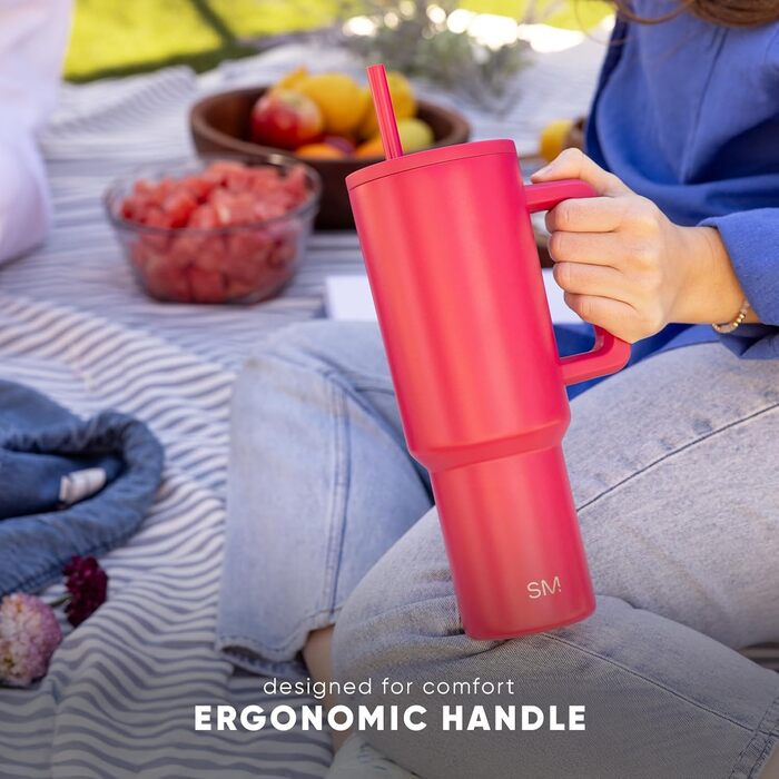 Термокружка Simple Modern з трубочкою та ручкою | 1180 мл, нержавіюча сталь, ізольована | Ідеальний подарунок для жінок та чоловіків | Almond Birch