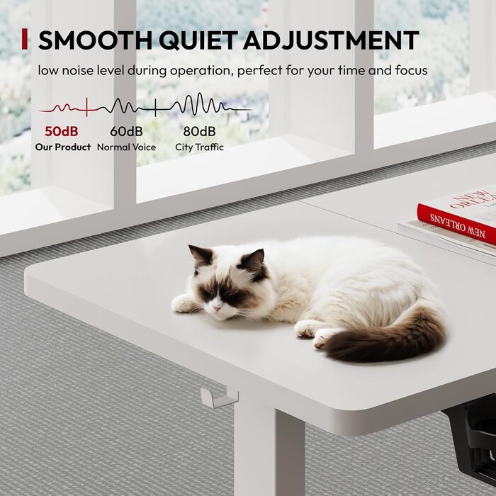 Регульований стіл Sanodesk 110x54 см – компактний стоячий стіл з аксесуарами, для маленьких приміщень, з антиколізійним захистом (білий)