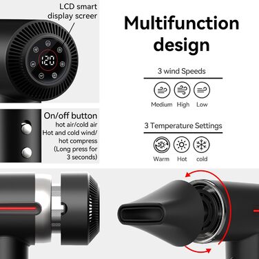 Фен LESCOLTON Ion, 110 000 об/хв, LED-дисплей, негативний іон, контроль температури та повітря, чорний