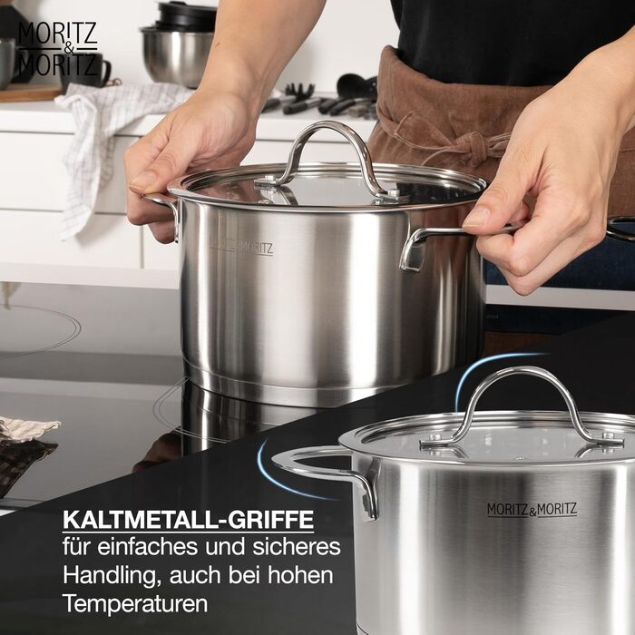 Набір каструль Moritz & Moritz 5 шт. з 4 скляними кришками - каструлі з нержавіючої сталі для індукції та всіх типів плит - стильний набір каструль з кришками та ручками - підходить для миття в посудомийній машині та випікання в духовці