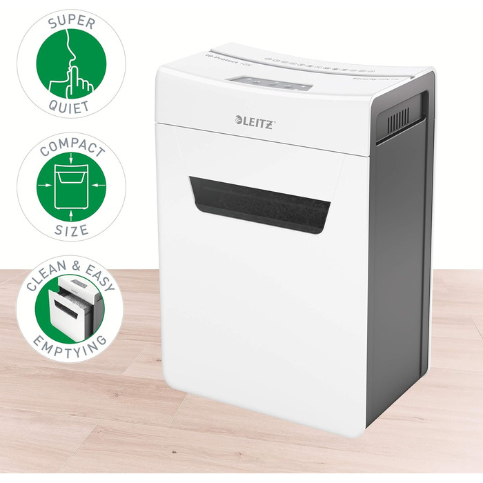 Leitz IQ 10X Premium Protect: Шредер для документів, партіковий зріз, 11-10 аркушів, тихий, компактний, сертифікований, 18л контейнер, для офісу та дому, білий