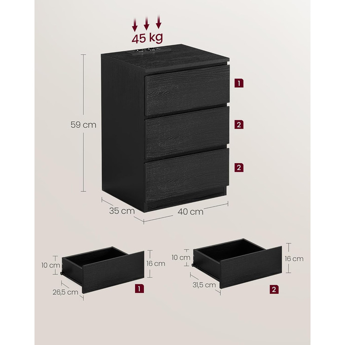 Тумбочка VASAGLE, 3 ящики, 2 розетки змінного струму, 2 порти USB, сучасний, LET63W4, чорне дерево