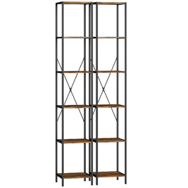 Набір з 2-х полиць, 6-ярусна книжкова полиця, сталевий каркас, для вітальні, офісу, спальні, у стилі рустік, коричневий