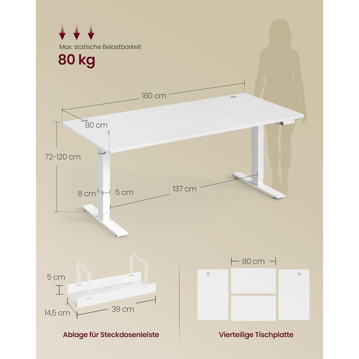 Стол для роботи VASAGLE з регулюванням висоти, USB-C, підставка для розеток, стоячий стіл, нагадування про перерви, 3 пам'яті, для офісу, 180x80 см, матовий білий (LSD146WZ02)
