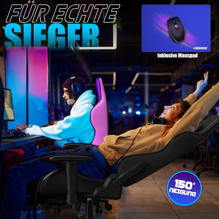 Крісло ігрове KESSER® Ergonomisch з підголівником та поперековою подушкою | Крісло для офісу, геймінгу | Макс. навантаження 150 кг | 360° | Чорний колір