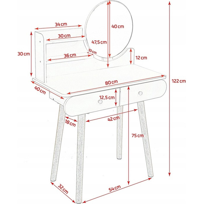 Туалетний столик Jumi, світлий дуб, з дзеркалом та 2 шухлядами, матовий, 80x122x40 см