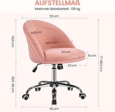 Крісло Yaheetech для дому та офісу: регульоване, обтягнуте велюром, з поворотним механізмом, до 136 кг, білий/рожевий