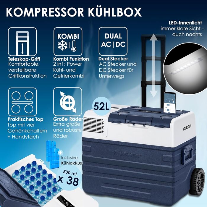 Автомобільний компресорний холодильник KESSER® 42л з Wi-Fi, 12/24/230V, до -20°C, з колесами та телескопічною ручкою для кемпінгу, фургону, вантажівки, човна + 2 акумулятори холоду (синій)