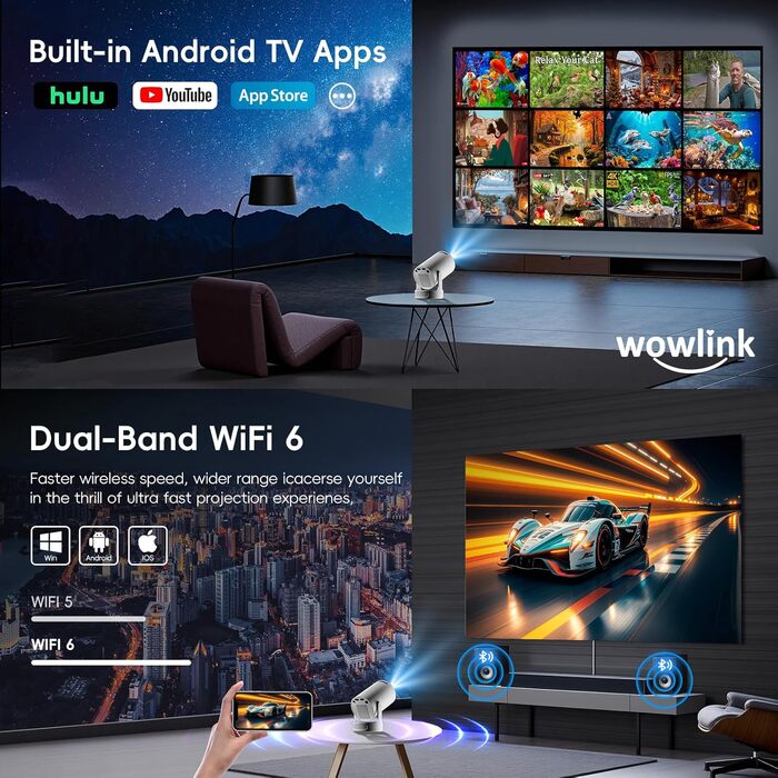 Портативний проєктор Mini Beamer 4K/1080P з WiFi 6, Bluetooth 5.4, Keystone 180°, сумісний з HDMI, TV Stick, Memory Stick, Laptop (Білий)