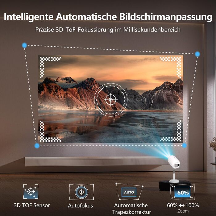 Міні-проектор VGKE з Android TV 13.0, 23000 люмен, Full HD 4K, WiFi6, Bluetooth, автофокус, автоматична корекція трапецеїдальних спотворень, для телефону/зовнішнього використання/ноутбука