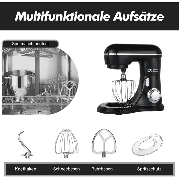 Кухонний комбайн Kitchen in the Box: 6 л, чорний, 10 швидкостей, з місткою чашею 6 л, набором насадок (міксер, гак для тіста, вінчик)