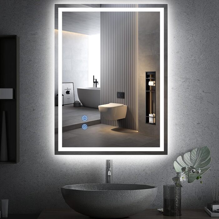 Дзеркало для ванної кімнати Youyijia з підсвічуванням, 70x50 см, антизапітніюче, сенсорне керування, 3 кольори світла, регулювання яскравості