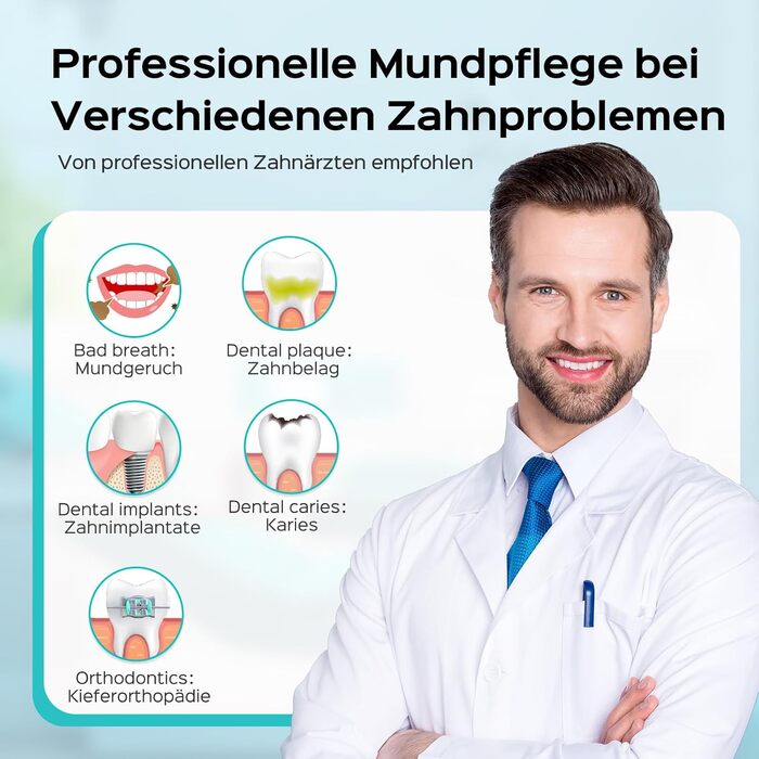 Електрична зубна душ COSLUS Munddusche Professional з 2 режимами та 12 рівнями тиску – 600 мл резервуар для води. Підходить для сімей, ентузіастів орального здоров'я та пацієнтів з ортодонтичними конструкціями. 5 насадок, чорний колір.