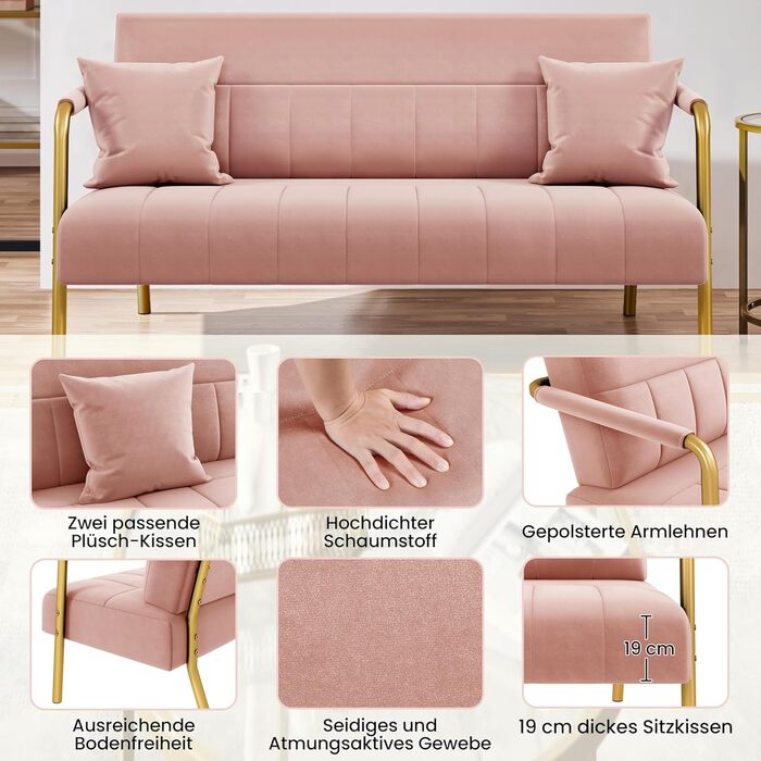 Yaheetech Рожеве крісло-софа з підлокітниками та металевими ніжками. Сучасне двомісне крісло-софа з 2 подушками для попереку. Для вітальні/спальні (143,5 см)