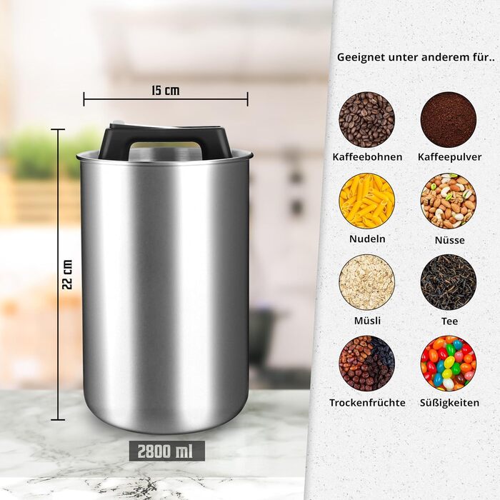 Контейнер для кави KC Kitchen & Co. на 1 кг з нержавіючої сталі, герметичний, з вакуумним клапаном, для кави, чаю, цукру, мюслі, білий матовий (2800 мл)
