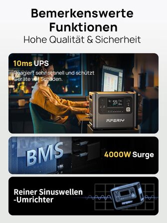 Портативна електростанція AFERIY 3840Wh з LiFePO4 акумулятором, 3x230V AC, 7200W (пікове), 2200W швидка зарядка, для кемпінгу та подорожей