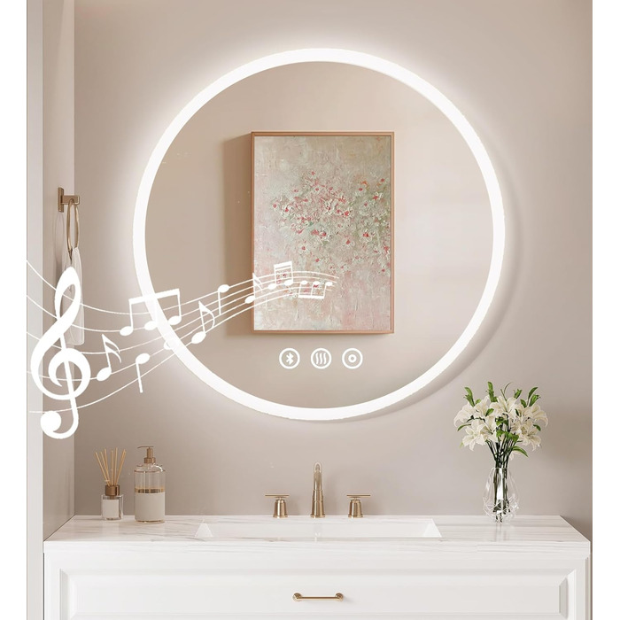 Дзеркало для ванної кімнати Habison з підсвічуванням LED, 70x70 см, з годинником, сенсорним вимикачем, регулюванням яскравості, запобіганням запотіванню та 3-х рівневим збільшенням.