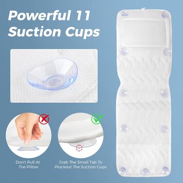 Килимок для ванни з подушкою для тіла 123x40 см, для зросту 160-180 см, швидковисихаючий, для підтримки голови, шиї та спини