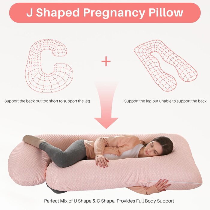 Подушка для вагітних GKXLH – підтримка спини, живота та стегон, J-подібна форма, знімний чохол (Cooling Pink)