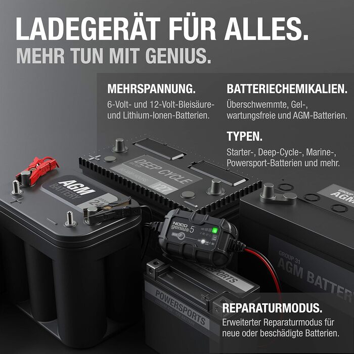 NOCO Genius 5: Інтелектуальне зарядне пристрій для акумуляторів 5A 6V/12V – Автоматичний зарядний пристрій, десульфатор з захистом від перезаряду та температурною компенсацією – Для свинцево-кислотних та літієвих акумуляторів