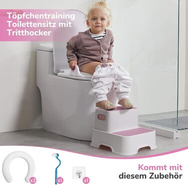 Дитяче сидіння на унітаз DEANIC з підставкою-сходинками, рожеве - для малюків від 1 до 6 років + 2 подушки та щітка