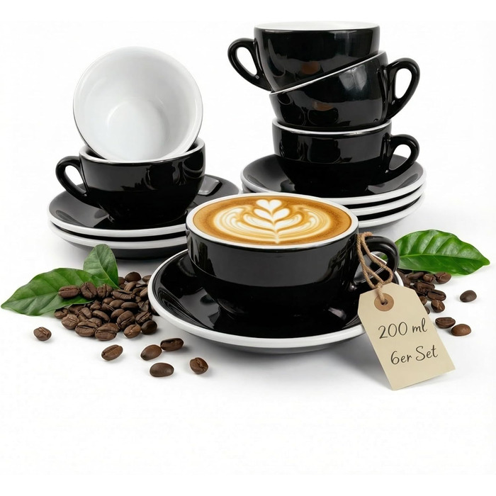 Набір з 6 чашок капучино, білий, італійський стиль, товстостінні, важкі, придатні для миття в посудомийній машині. Подарунковий набір (200 мл)