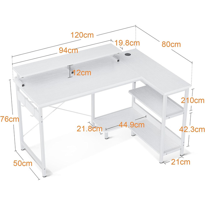 Кутовий стіл ODK L-образний стіл з полицею, ігровий стіл L-образний з підставкою для монітора, комп'ютерний стіл L-образний для домашнього офісу (білий)