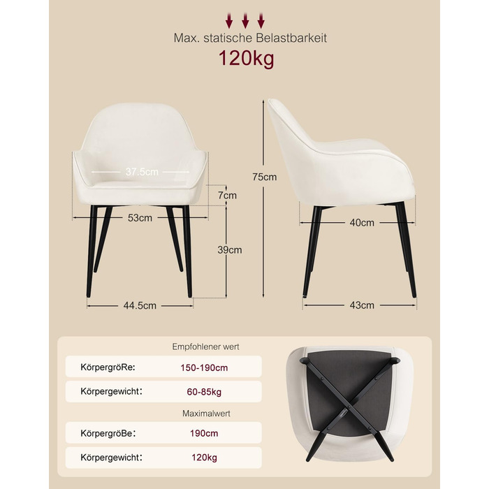 Крісло Eluchang для їдальні та кухні, з підлокітниками, оксамитове, на 4 шт., кремове