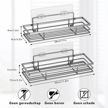 Душова полиця без свердління 2 шт. и Душова полиця для ванної кімнати з 2 клейовими поверхнями, нержавіюча сталь сріблясто-сіра