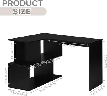 Кутовий стіл з полицями, 120x100x77см, чорний