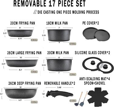 Набір каструль 17 предметів з знімними ручками: посуд для приготування їжі, набір каструль для індукційних плит, антипригарне покриття, підходить для всіх типів плит, придатний для миття в посудомийній машині (молочно-білий) (чорний)