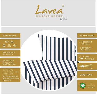 Комплект постільної білизни Lavea-Victoria 135 х 200 см 80 х 80 см.Дизайн широка смуга - Колір 100 бавовна. Висока якість із застібкою-блискавкою. Сертифікований за стандартом GOTS / Bio. (135 х 200 80 х 80 см, темно-синій)