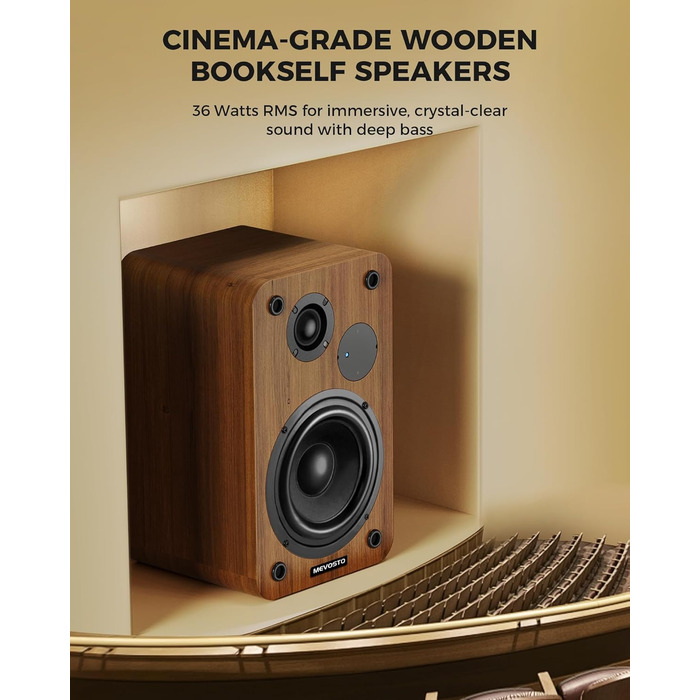 Активні полочні колонки 36W RMS, бездротові Bluetooth 5.4 динаміки для ПК з 5-дюймовим вуфером, USB-цифровим аудіо, регулюванням басів та високих частот, студійні монітори з RCA для вінілового програвача та ТВ, дерево