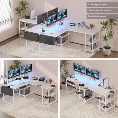 Ігровий стіл Flamaker L-подібний 140x140 см з RGB LED, підставка для монітора та ящик для зберігання | 2 розетки + 2 USB-порти (вуглецеве волокно, чорний) (білий)