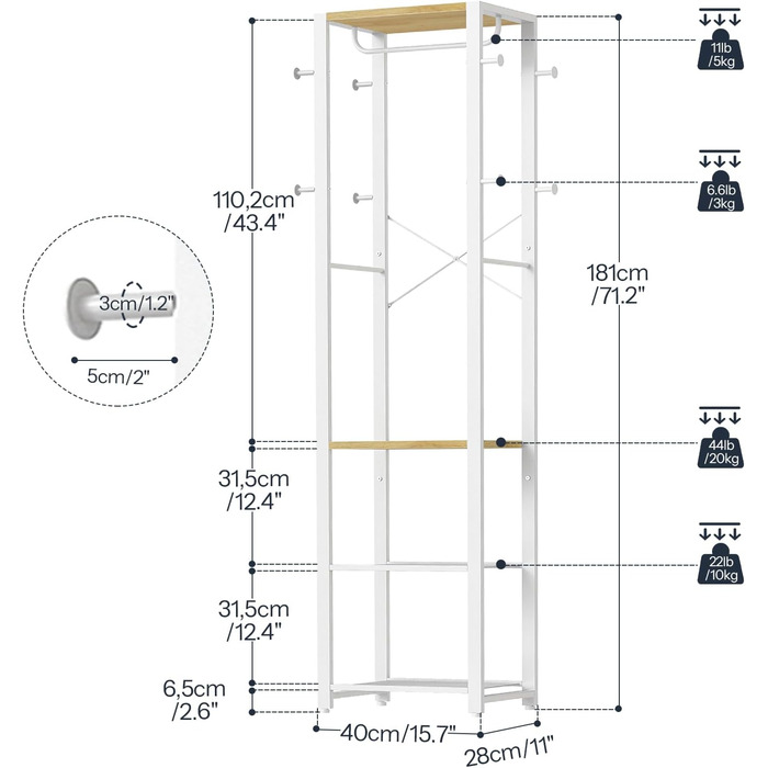 HOOBRO Лежак для одягу з полицями для взуття, білий та дерев'яний, EWN04YM01