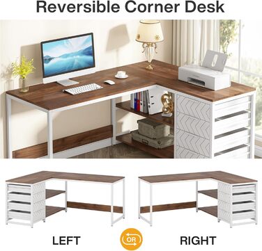 Письмовий стіл Tribesigns L-подібний з 4 висувними ящиками, комп'ютерний стіл з 2 полицями, кутовий стіл з місцем для зберігання для офісу, кабінету, вітальні, 150×110×75 см (горіх & білий)