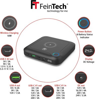 Роз'єм FeinTech PLG02400 ноутбука Powerbank 60 Вт PD USB-C та DC для ноутбука, MacBook, iPad, планшета, смартфона, камери, Nintendo Switch, бездротової зарядки 10 Вт, 88 Втгод, 24000 мАг, 122 x 122 x 28 мм