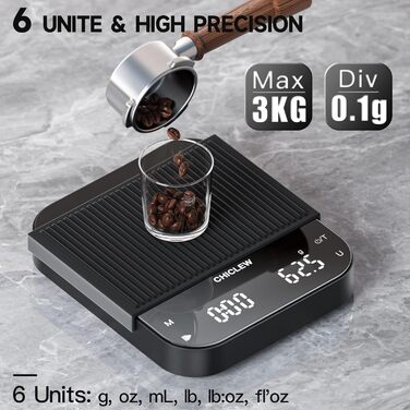 Електрична кавова вага CHICLEW з таймером, 3 кг/0,1 г, для еспресо та Pour-Over, 3 режими, 6 одиниць вимірювання, портативна, з датчиком сили тяжіння, чорна
