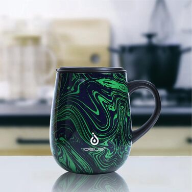 Кружка для кави та чаю Ideus 470 мл з подвійними стінками, нержавіюча сталь, з нековзним ручним тримачем та кришкою-модулем, великий об'єм (Трав'яний зелений)