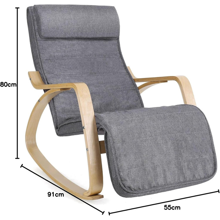 Крісло-гойдалка SONGMICS з березовими підлокітниками, сіро-бежеве, до 150 кг, з регульованою підставкою для ніг, для вітальні та спальні