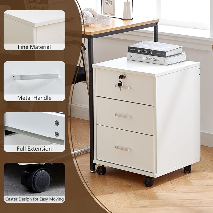 Тролейний контейнер TUKAILAI з 3 висувними ящиками, замок, для офісу, білий