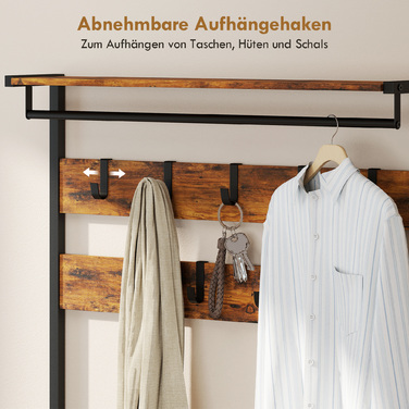 Вішалка для одягу з гачками, лавка для взуття, індустріальний органайзер для передпокою, сталевий каркас, рустикально-коричневий