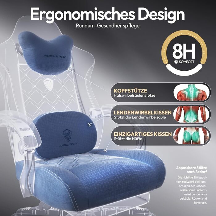 Ігровий крісло Dowinx з масажем, ергономічний дизайн, підставка для ніг, тканинний чохол, поперекова подушка, підголовник, 200 кг, блакитний