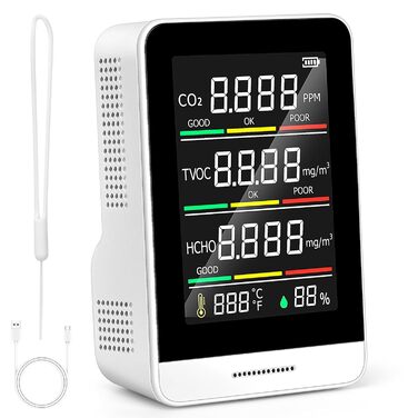 Монітор якості повітря 5-в-1 для дому: CO2, HCHO, TVOC, температура, вологість, запис даних, компактний та портативний