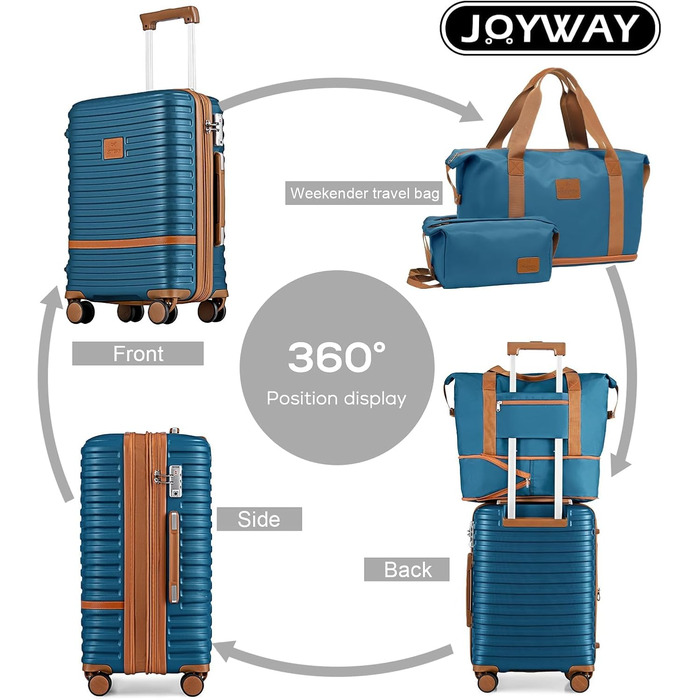 Набір валіз Joyway 6шт з жорстким корпусом, beauty-кейс, косметичка, 4 колеса, TSA-замок, морсько-коричневий (блакитний/коричневий), набір ручної поклажі 4шт
