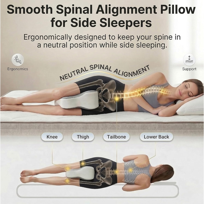 Ергономічна подушка між ніг для сну на боці (36 см) — ортопедична подушка для колін та стегон, біла, зі знімним чохлом