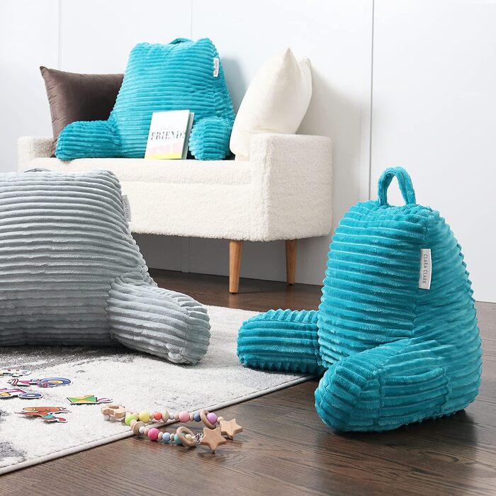 Крісло-подушка Clara Clark для дорослих - спинка для сидіння в ліжку, стандартна плюшева подушка для ліжка, подушка з наповнювачем з подрібненого пінополіуретану з підлокітниками та кишенями, срібляста (Small, блакитно-зелений)