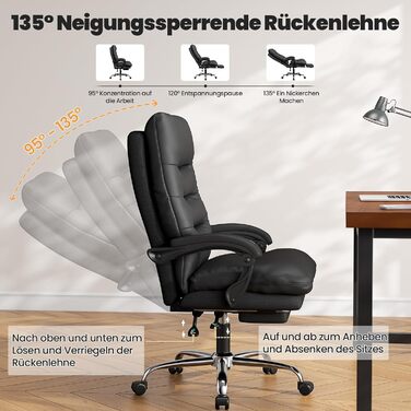 Ергономічне крісло для офісу Naspaluro з підніжкою, крісло для комп'ютера з двошаровою подушкою, високою спинкою, функцією відкидання, регулюванням висоти, з PU-шкіри, чорне, до 150 кг